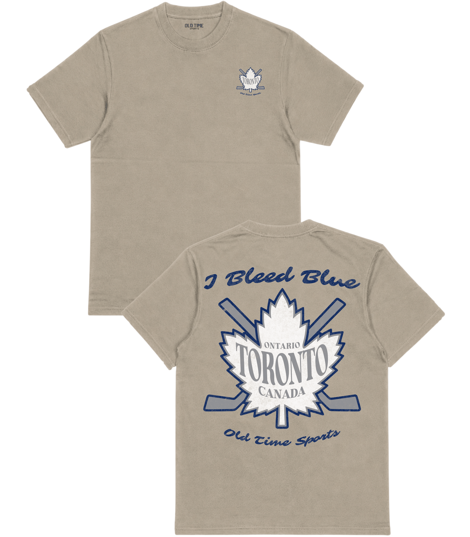 A beige short-sleeve T-shirt shown from both front and back. The front has a small white crest-style logo on the left chest.