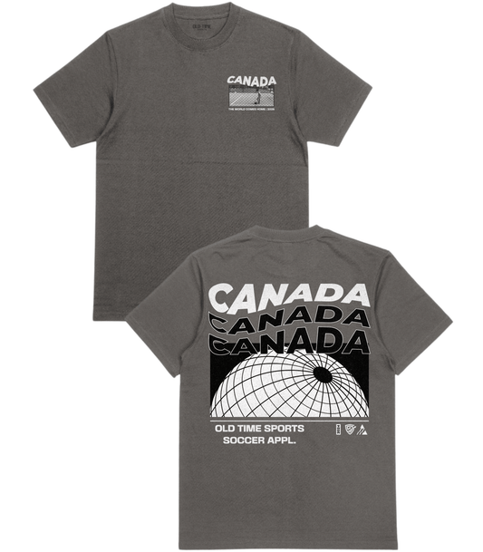 Gray t-shirt with 'Canada' text and graphics on a white background