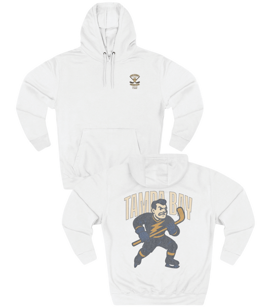 White hoodie with 'Tampa Bay' and hockey player graphic on a white background