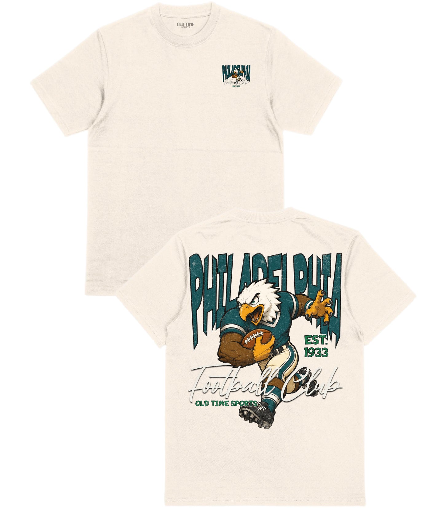 Beige t-shirt with Philadelphia-themed graphic design on a white background