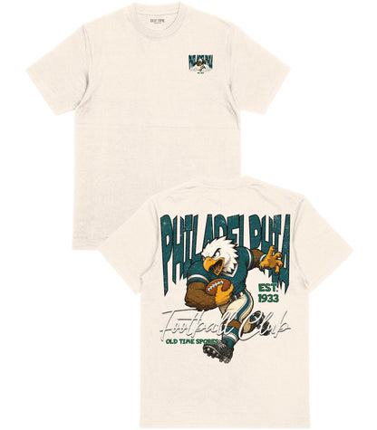 Beige t-shirt with Philadelphia-themed graphic design on a white background