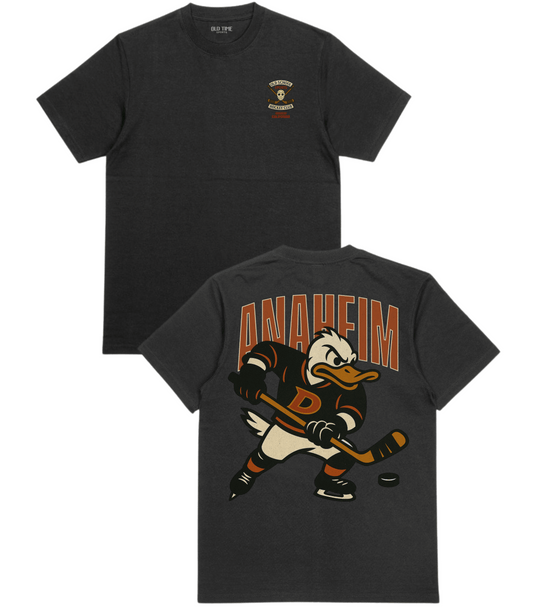 Black t-shirt with Anaheim Ducks logo on front and cartoon duck holding a hockey stick on back