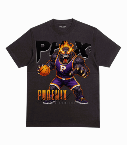 Black t-shirt with a graphic of a phoenix basketball player holding a ball on a dark background