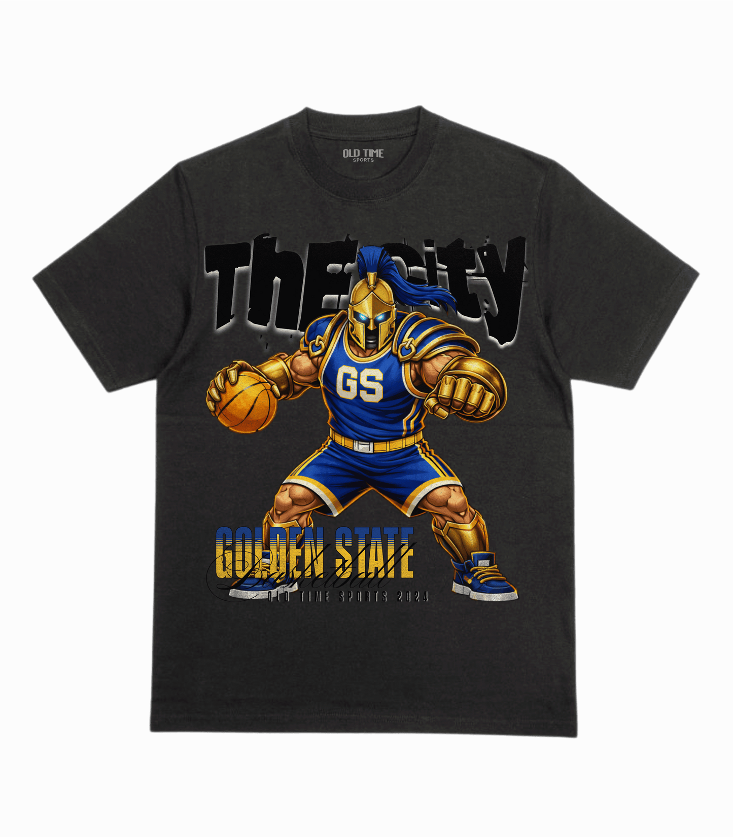 Black t-shirt with a graphic of a basketball player in blue and gold, holding a basketball, with 'The City Golden State' text on a dark background.