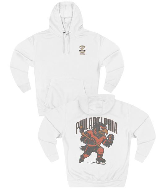 White hoodie with 'Philadelphia' and hockey-themed graphic on a white background