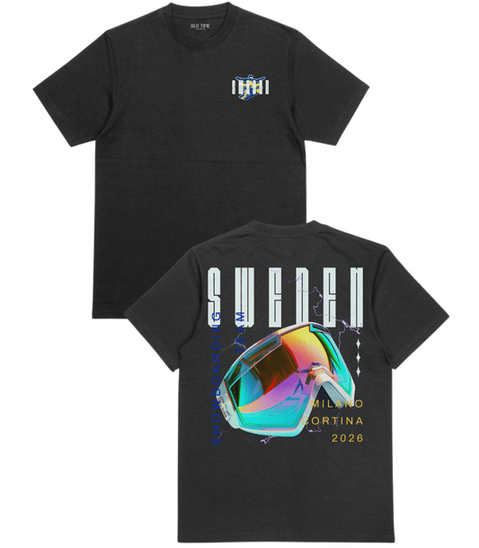 Black t-shirt with colorful goggles design on the back, displayed on a white background.