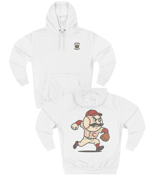 White hoodie with vintage-style cartoon character on a white background