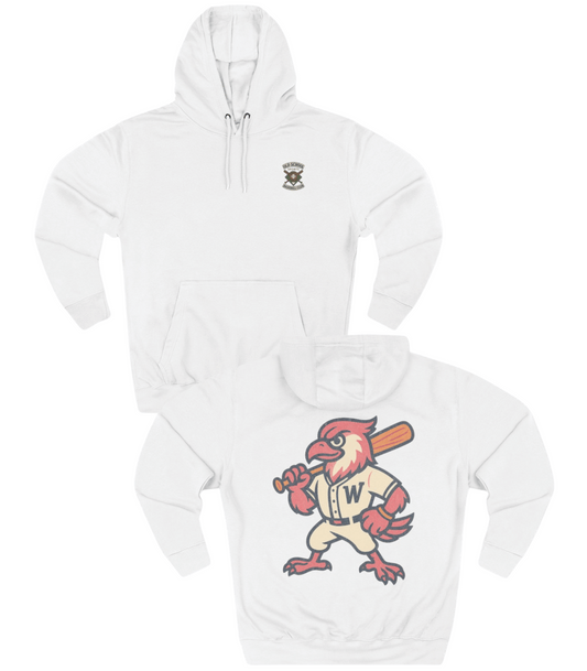 White hoodie with vintage-style bird logo on a white background