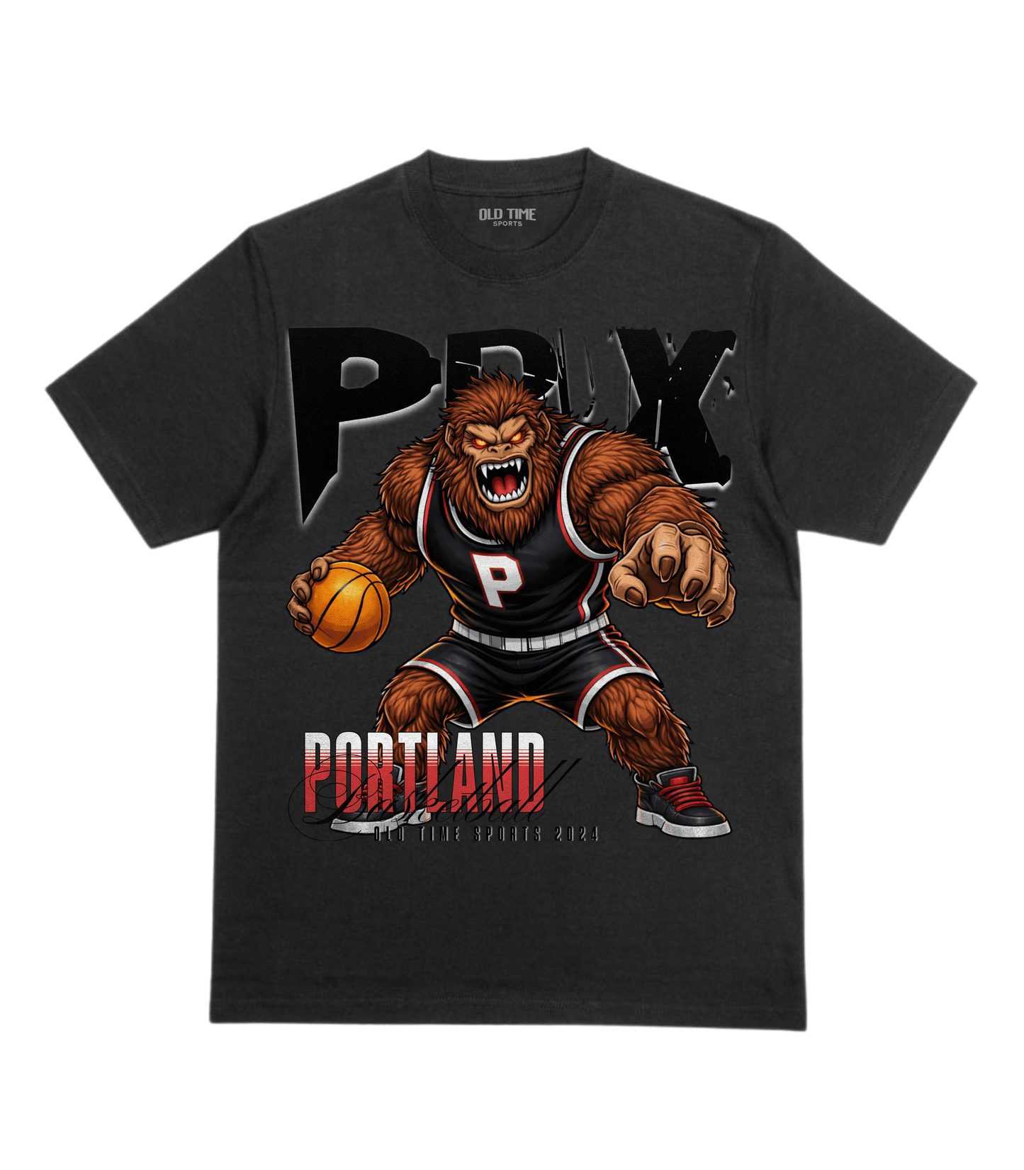 Black t-shirt with a bear-like character holding a basketball and 'Portland' text on a transparent background