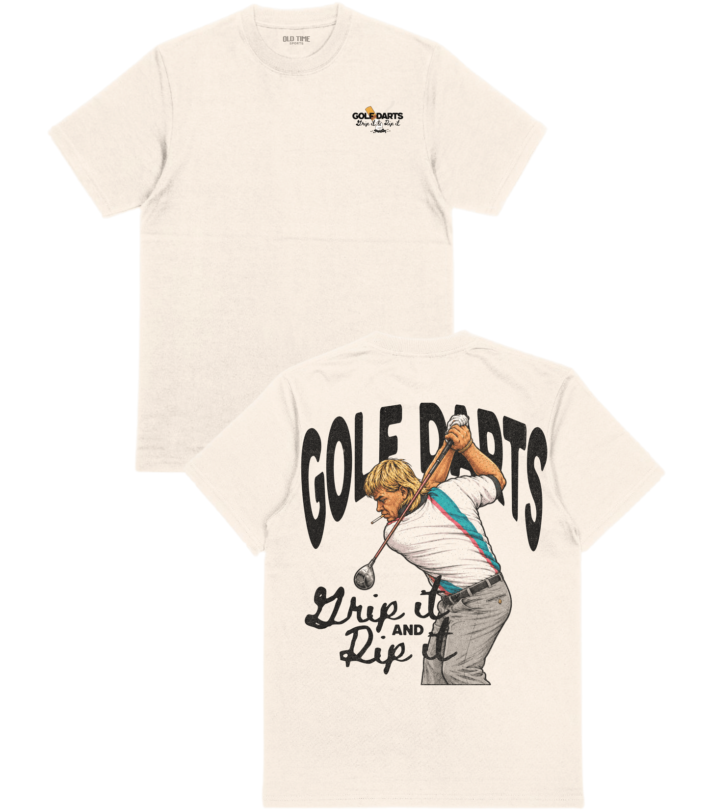 Beige t-shirt with graphic design of a person holding darts and text 'Golf Darts' on a white background.