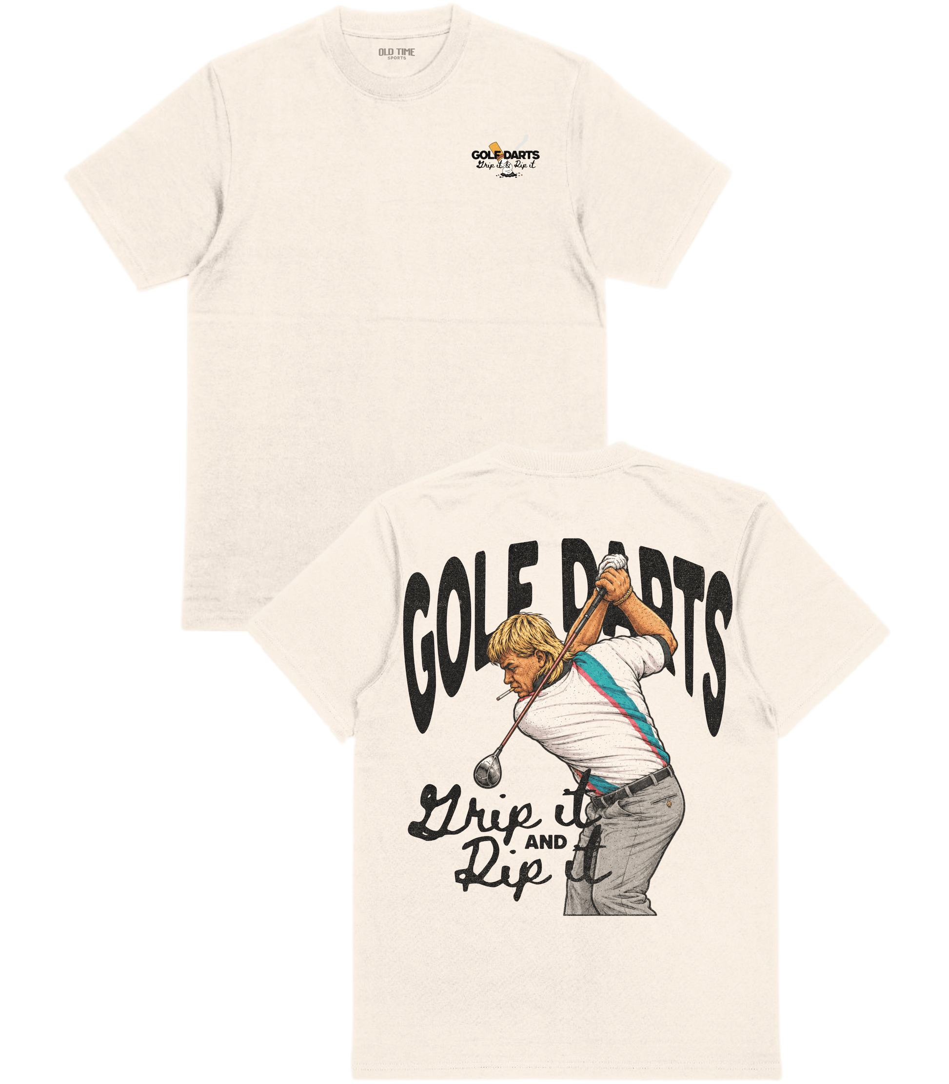 Beige t-shirt with graphic design of a person holding darts and text 'Golf Darts' on a white background.