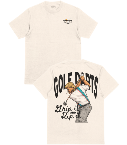 Beige t-shirt with graphic design of a person holding darts and text 'Golf Darts' on a white background.
