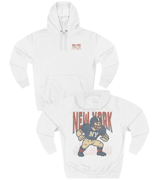 White hoodie with 'New York' graphic design on a white background