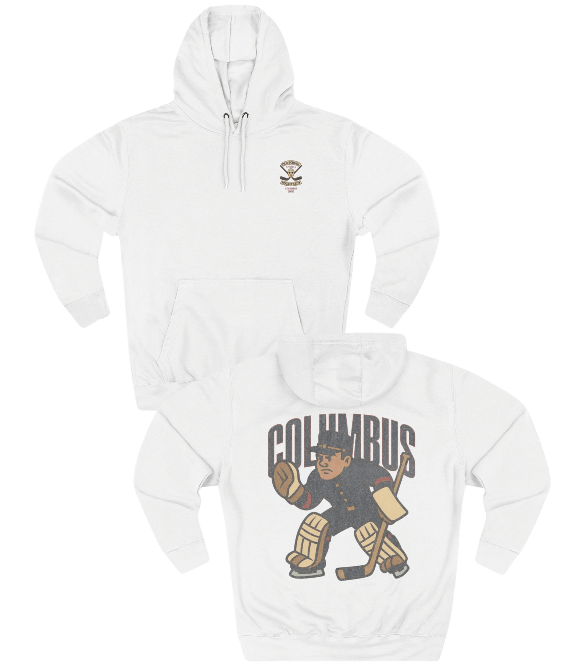 White hoodie with a graphic design on a white background