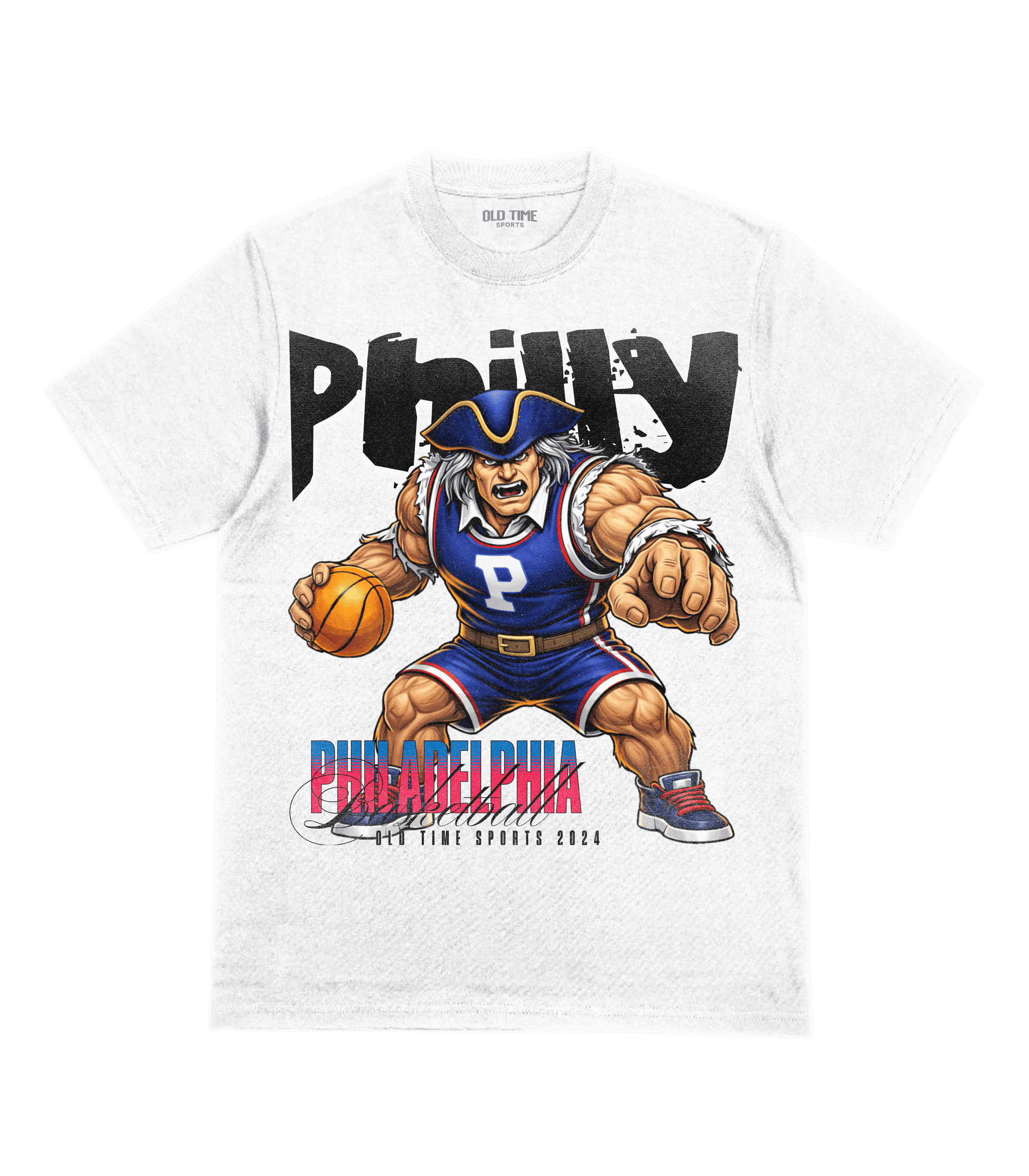 White t-shirt with a cartoon character holding a basketball and 'Philly' printed on it.