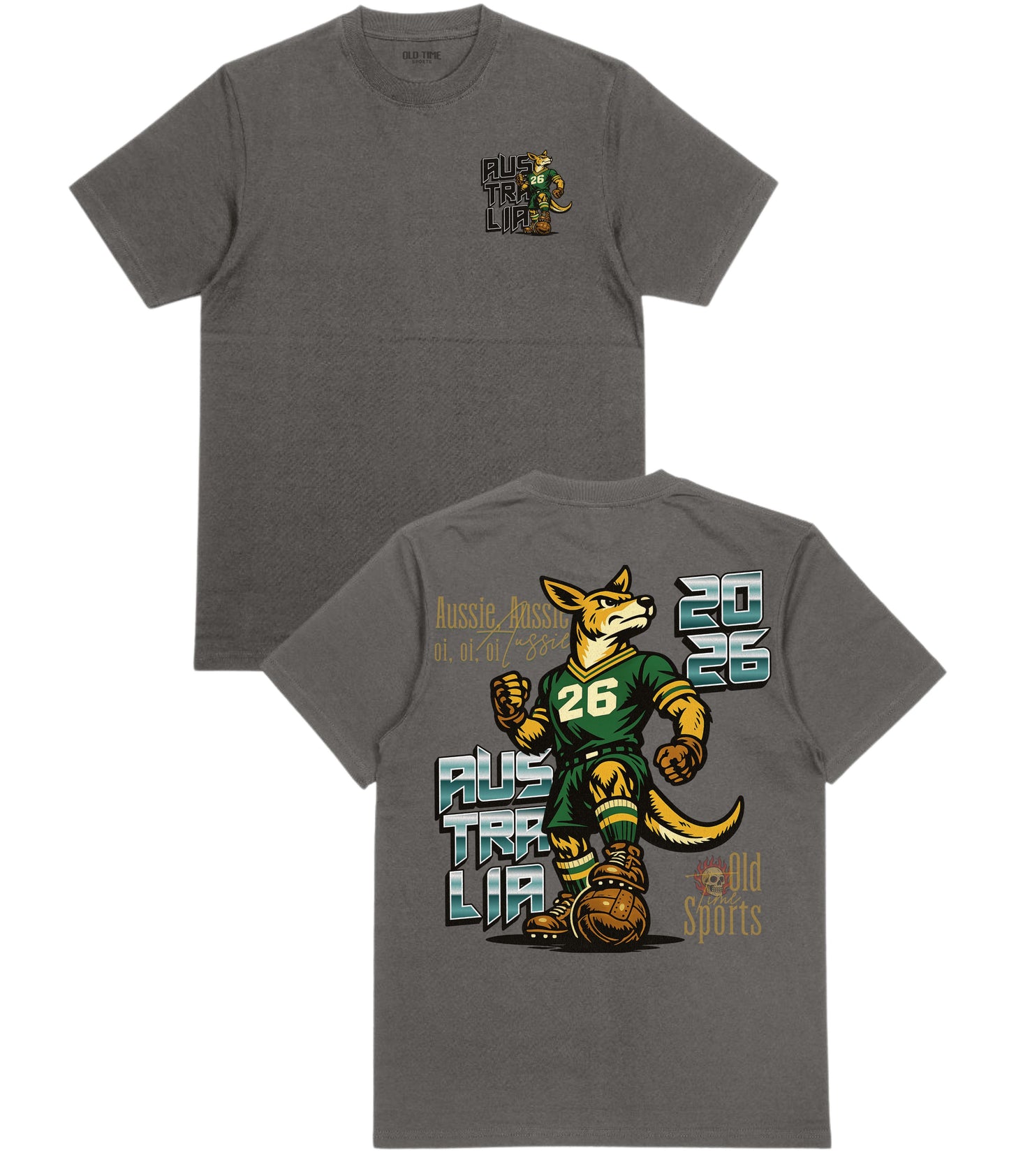 Gray t-shirt with kangaroo graphic and text on front and back