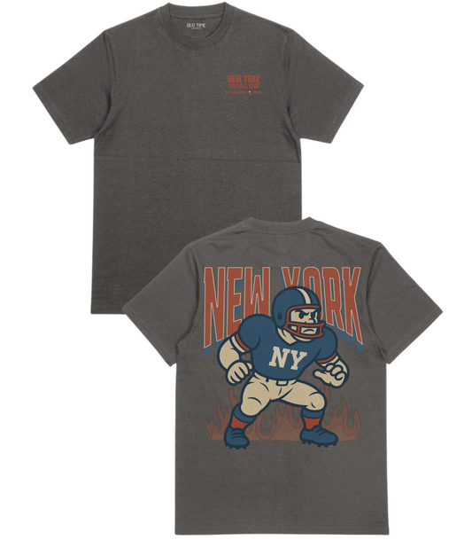 Gray t-shirt with football player graphic and 'New York' text on a white background