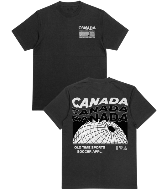 Black t-shirt with 'Canada' and sports-themed graphics on a white background