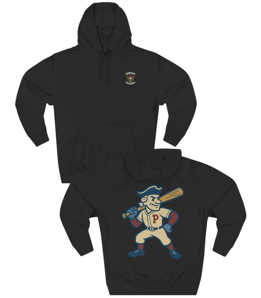 Black hoodie with vintage-style graphic on front and back on a white background