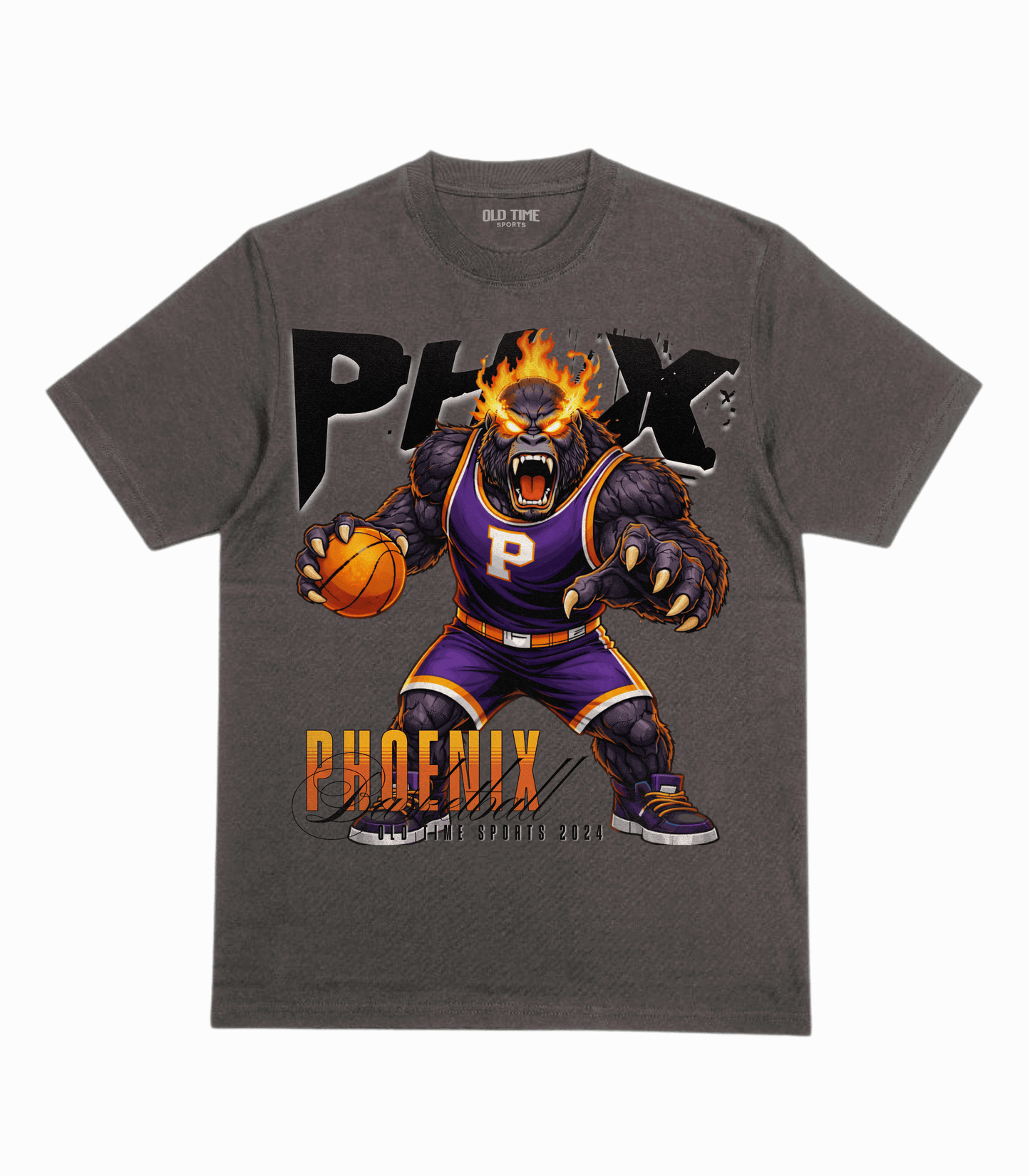 Gray t-shirt with a graphic of a phoenix basketball player holding a ball on a gray background