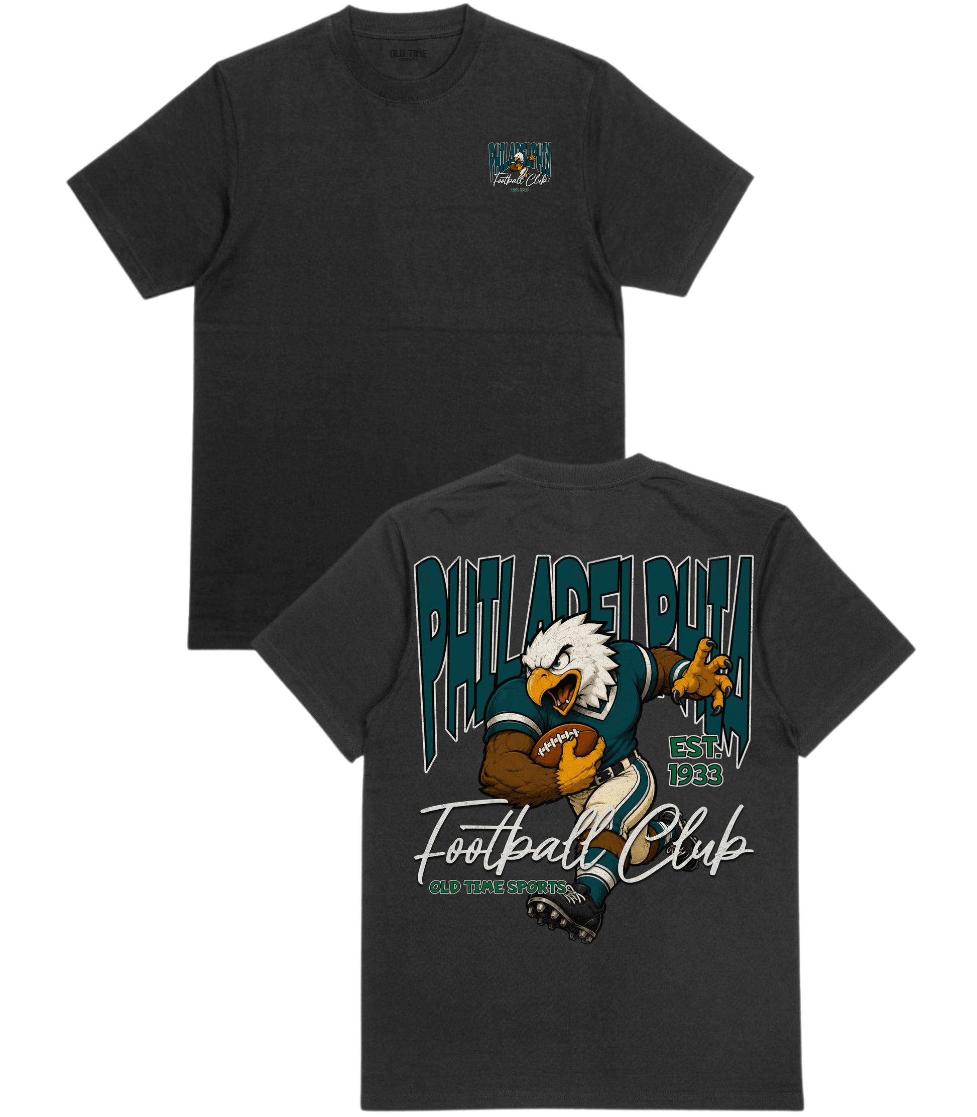 Black t-shirt with an eagle graphic and 'Philadelphia Football Club' text on a white background
