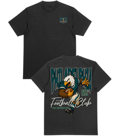 Black t-shirt with an eagle graphic and 'Philadelphia Football Club' text on a white background