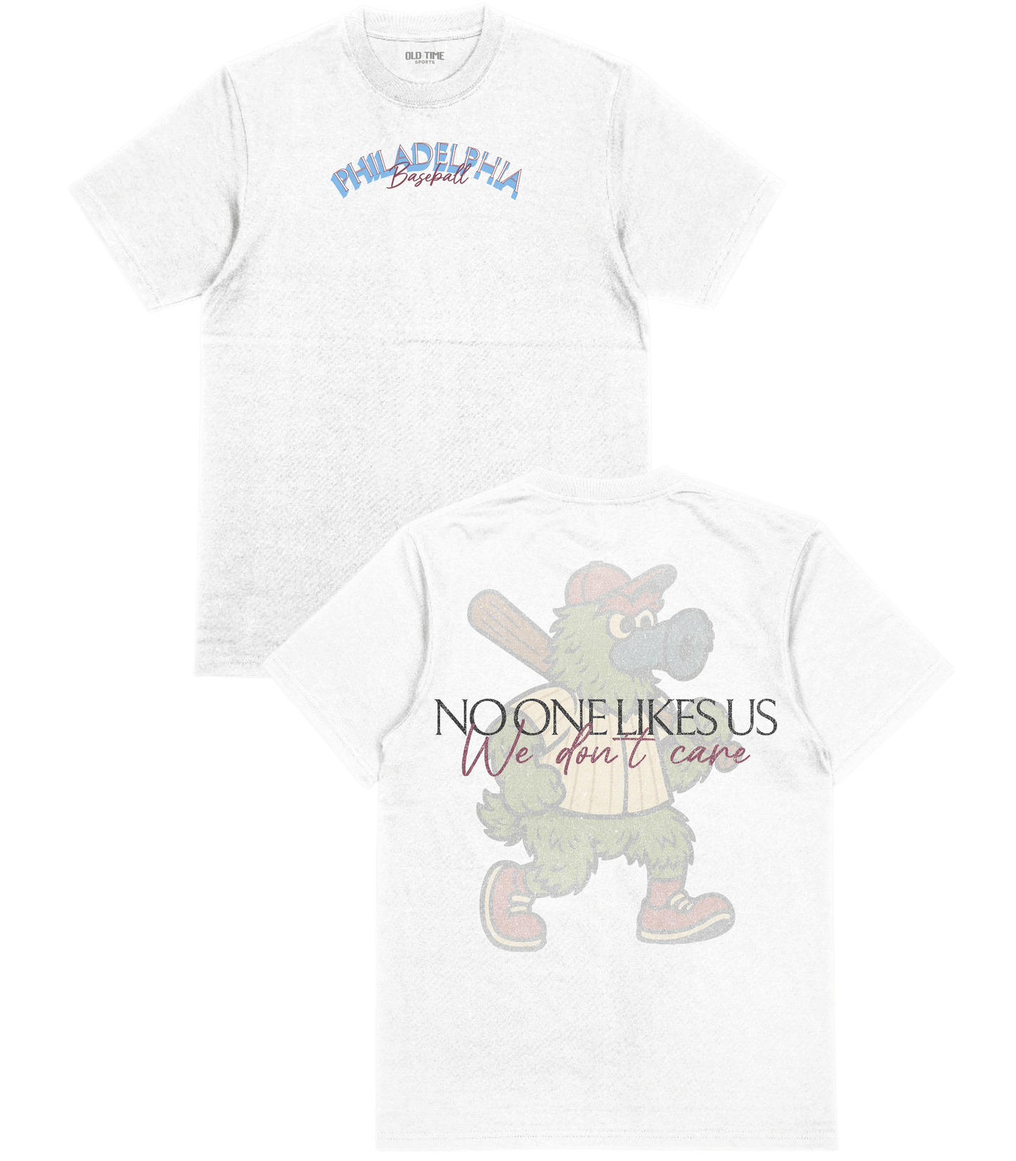 Two white t-shirts with graphic designs and text on a white background