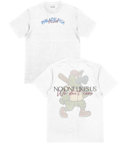 Two white t-shirts with graphic designs and text on a white background