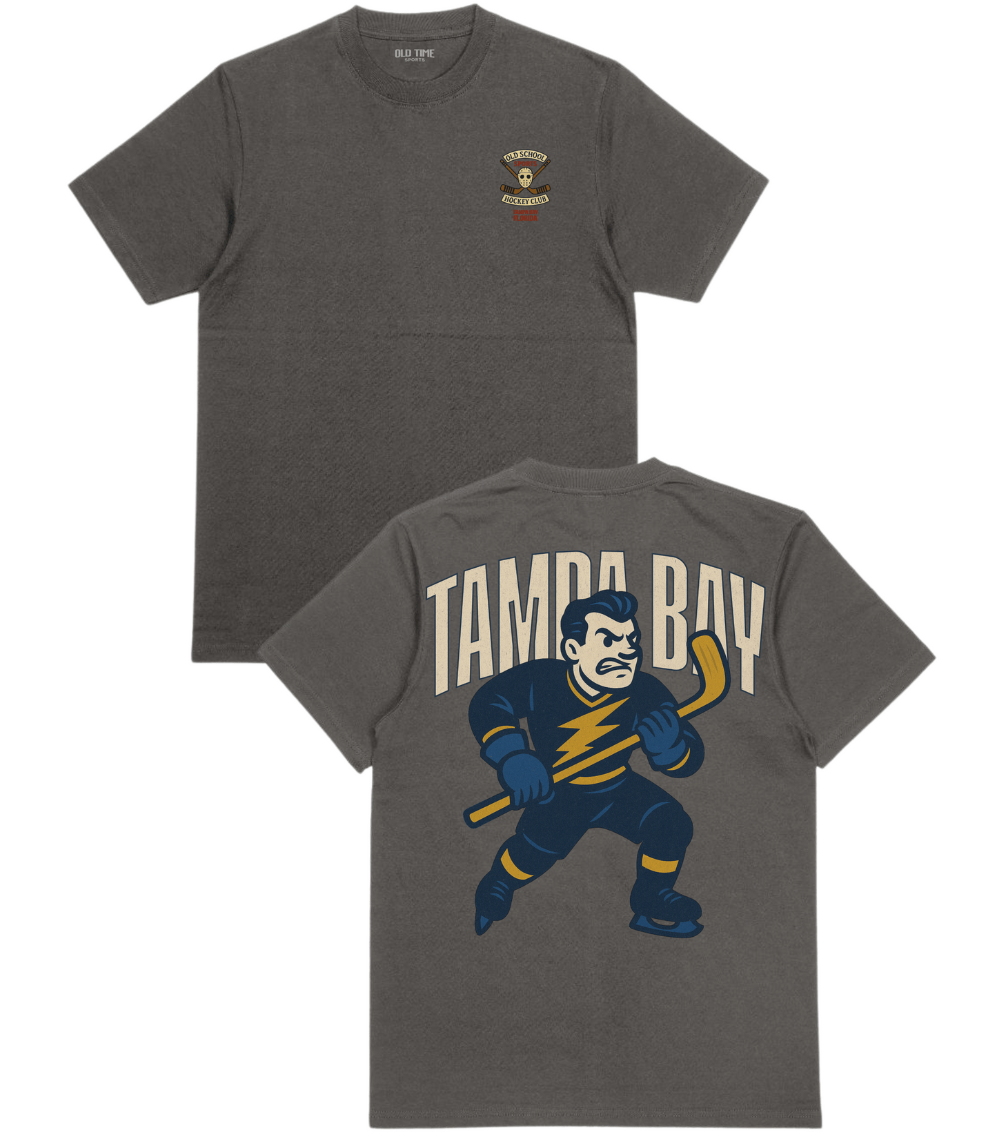 Gray t-shirt with hockey-themed design on front and back, featuring a player and 'Tampa Bay' text.