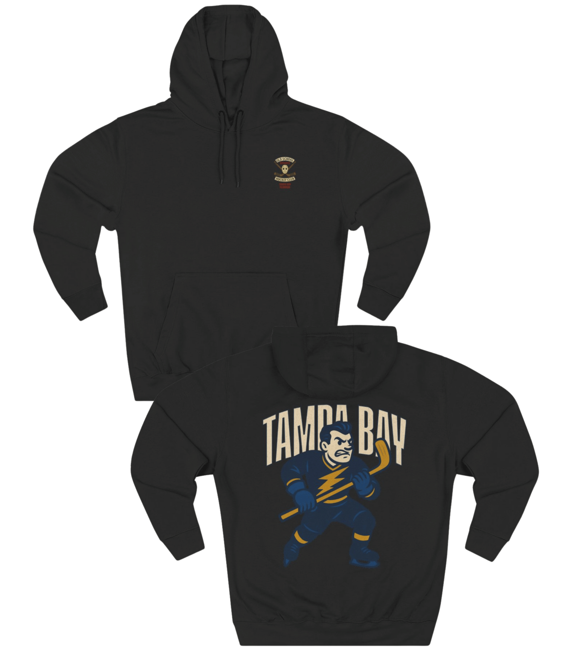 Two black hoodies with different designs on a white background