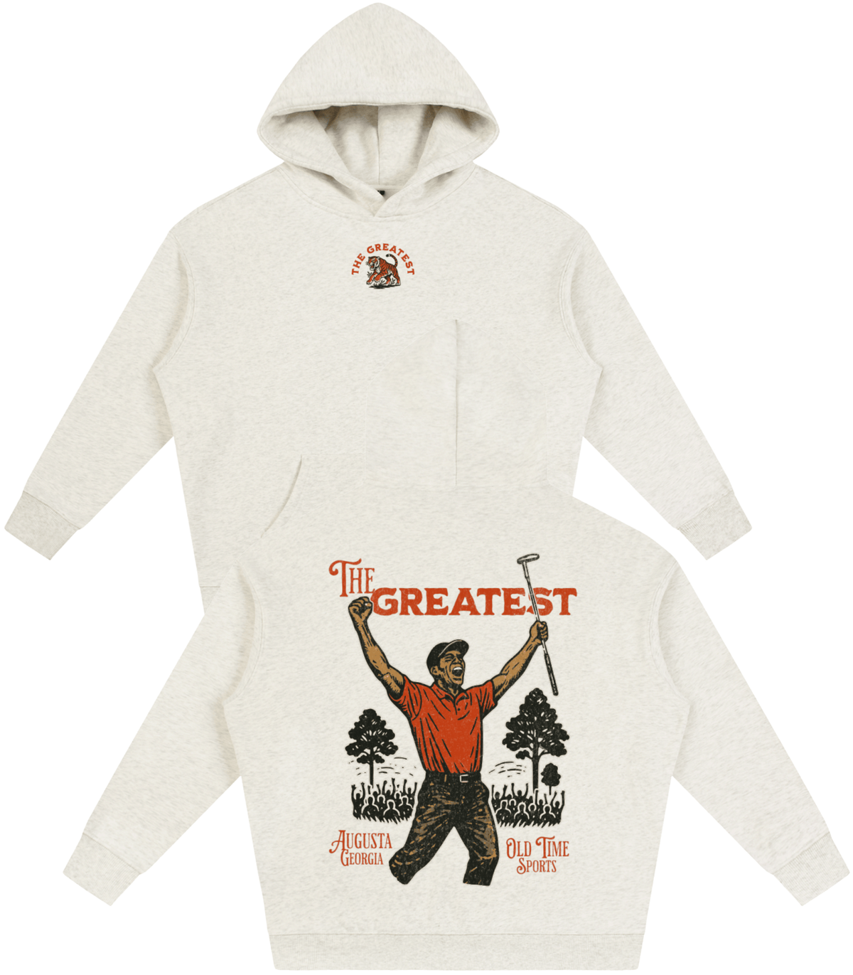 A light heather gray pullover hoodie shown from two angles: a front view with a small circular chest graphic and a back view featuring a large vintage-style illustration of a golfer with the text 'The Greatest Augusta Old Time Sports'.