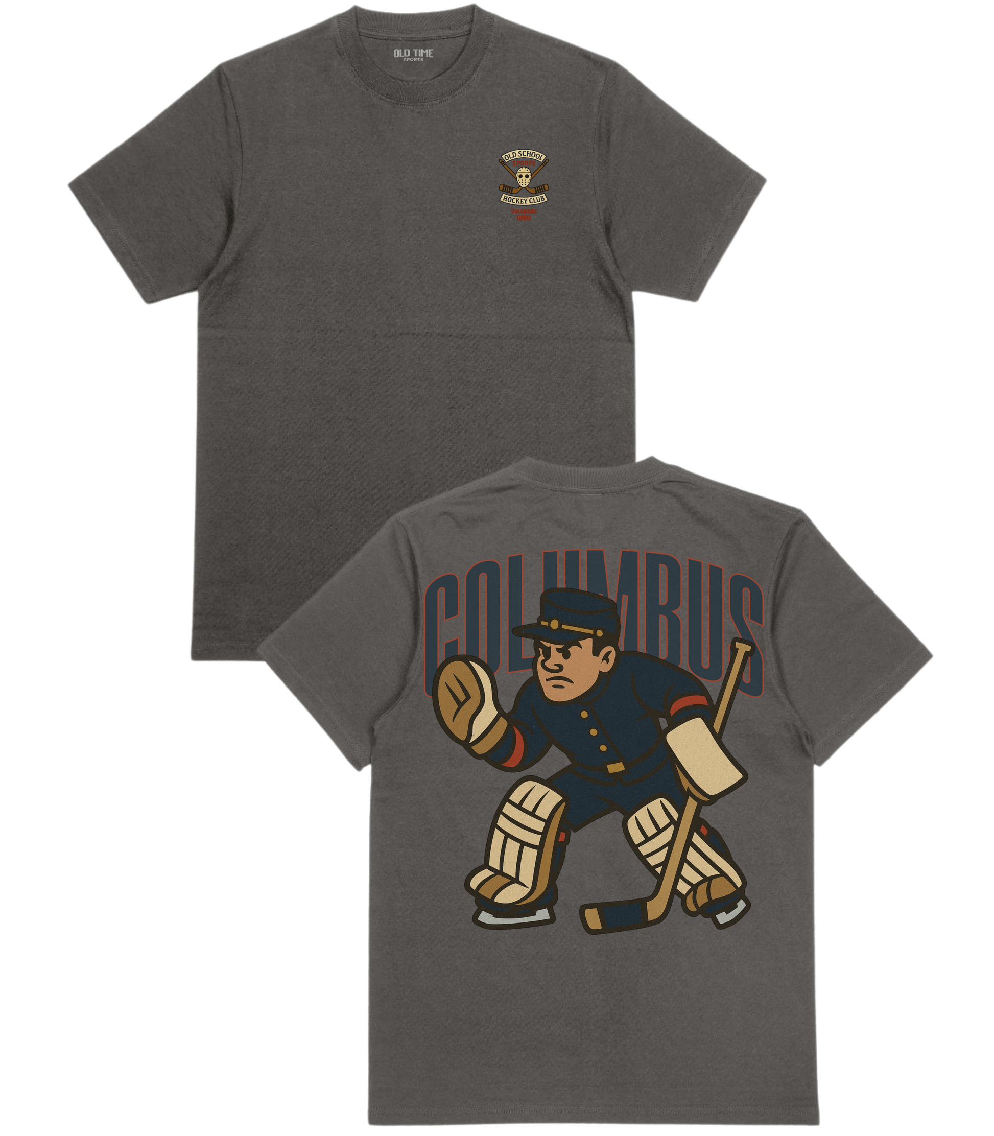 Gray t-shirt with hockey-themed design on front and back