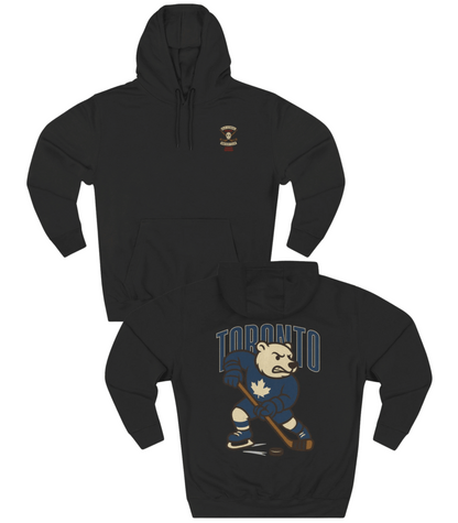 Black hoodie with a bear hockey player design and 'Toronto' text on a white background