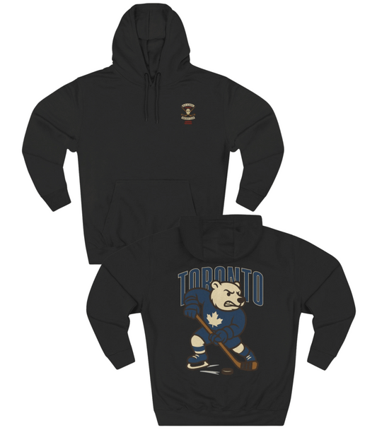 Black hoodie with a bear hockey player design and 'Toronto' text on a white background