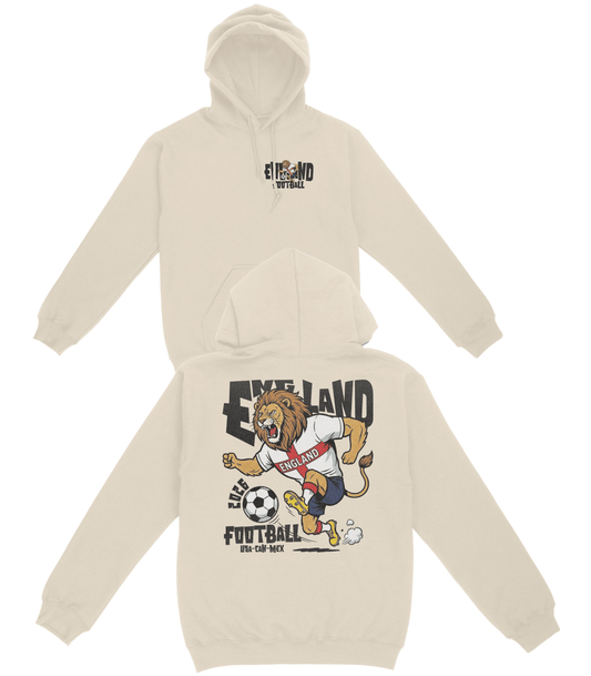Beige hoodie with a lion graphic and text on a white background