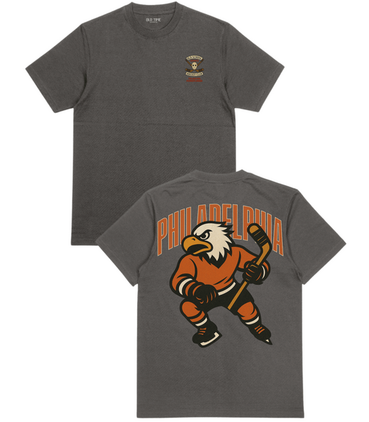 Gray t-shirt with hockey-themed design on front and back