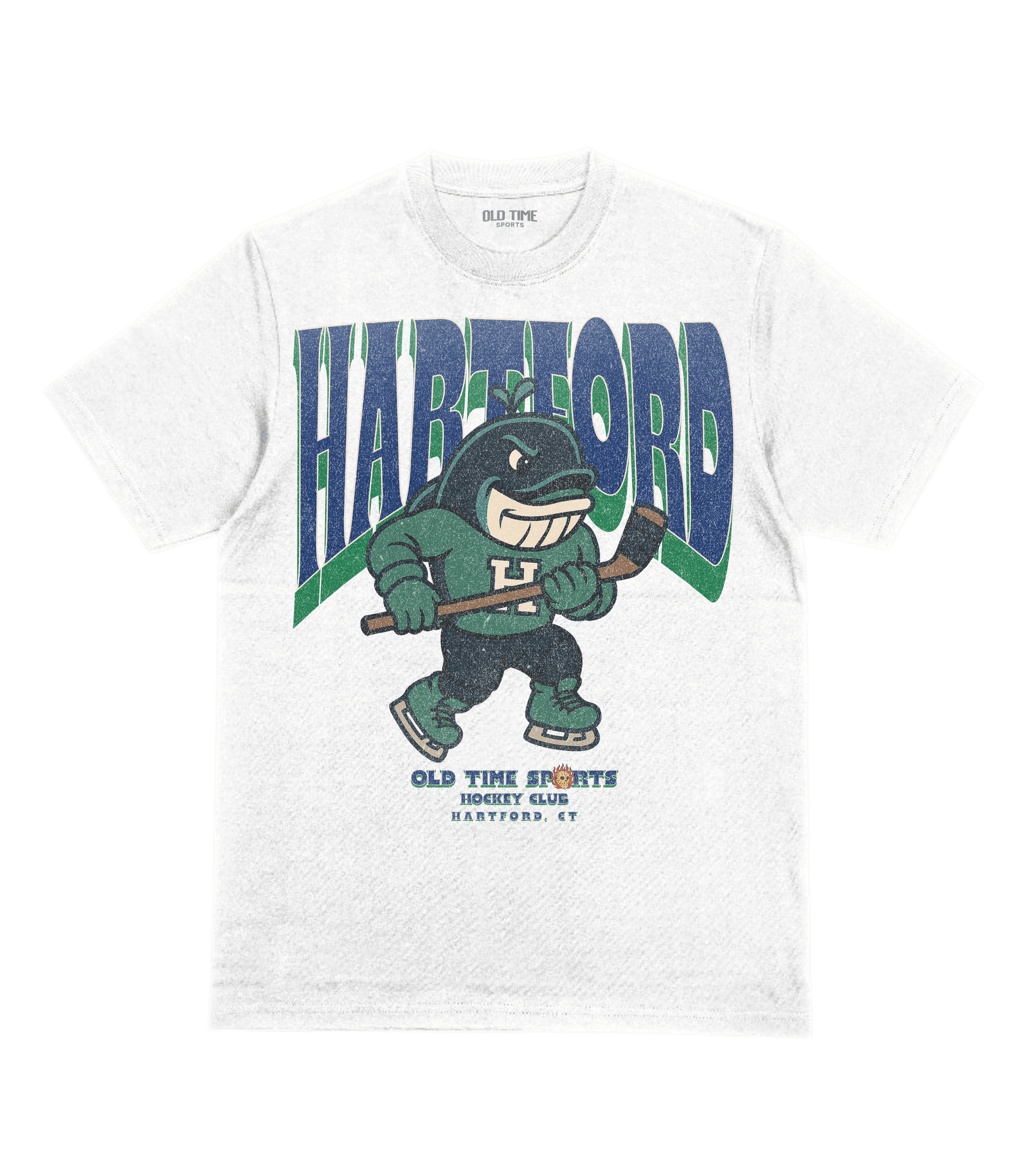 White t-shirt with a hockey-themed graphic and 'Hartford' text on a white background