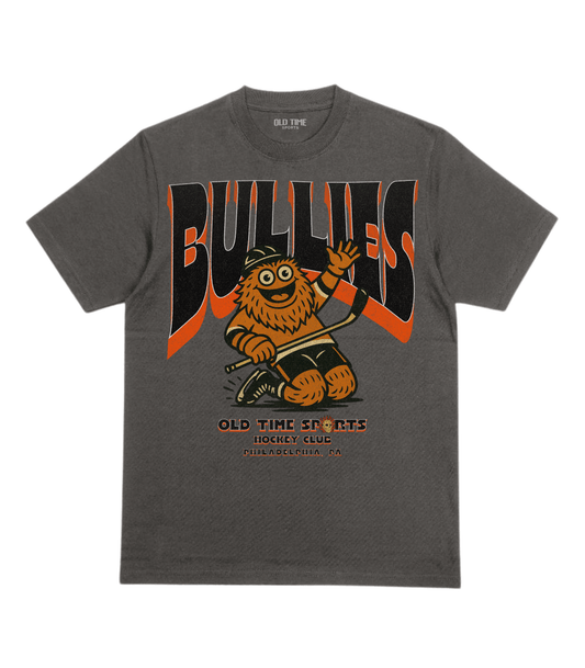 Gray t-shirt with 'Bullies' graphic design featuring a cartoon character and text on a white background.
