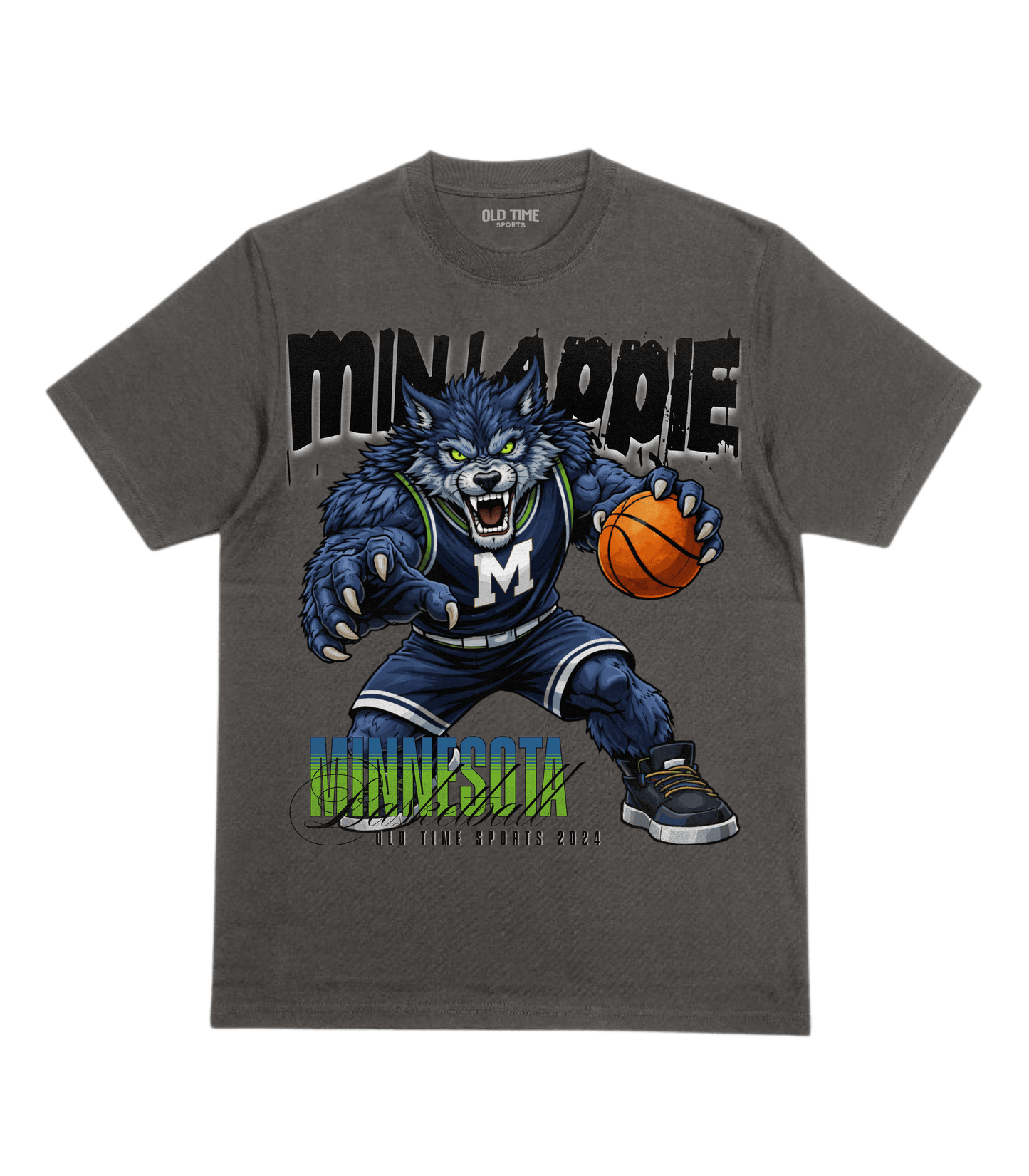 Gray t-shirt with a graphic of a blue wolf holding a basketball and the word 'MINNIE' on a transparent background