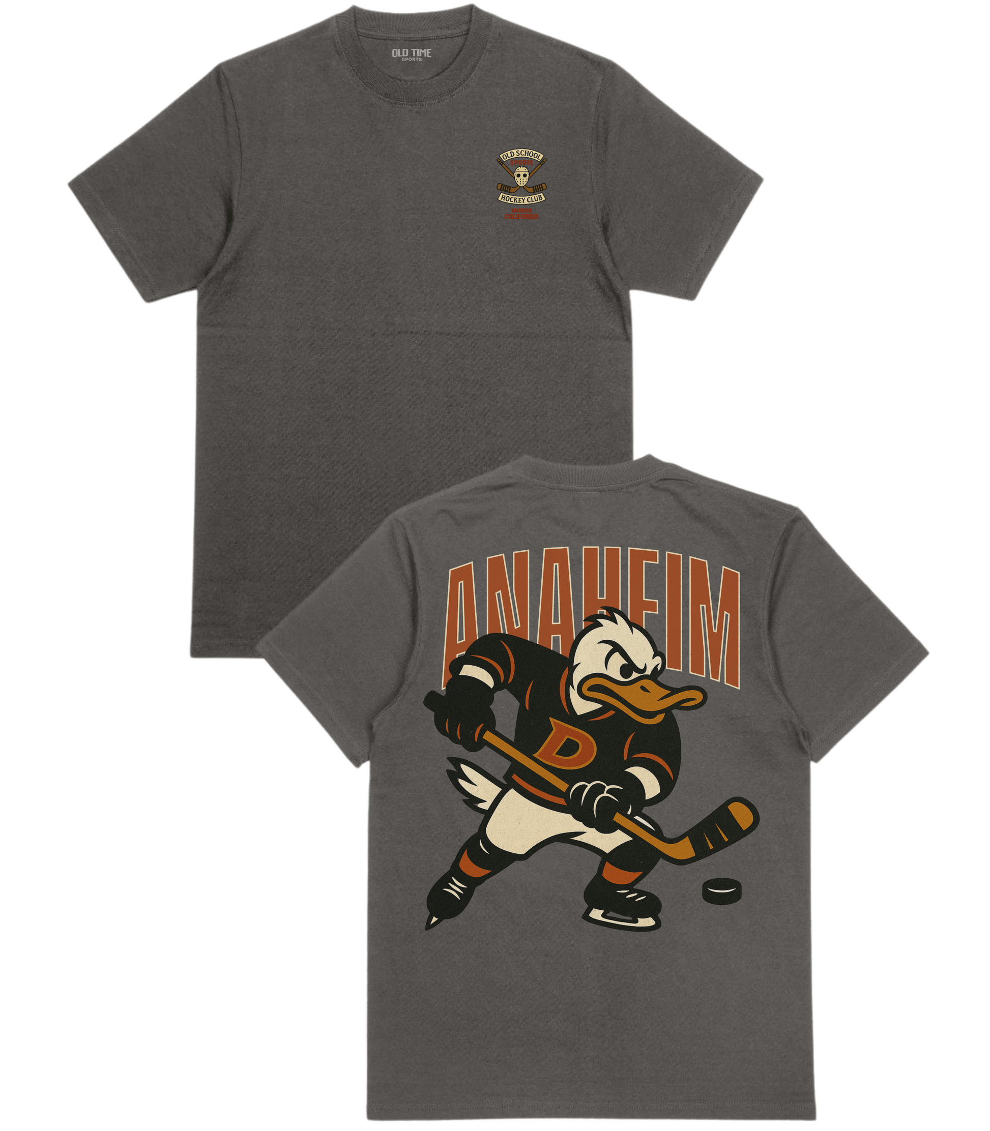 Gray t-shirt with Anaheim Ducks cartoon character on the front and back