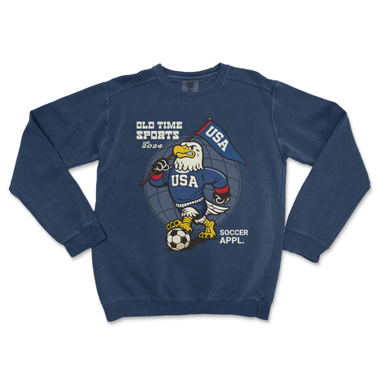 Blue sweatshirt with USA-themed graphic on a white background