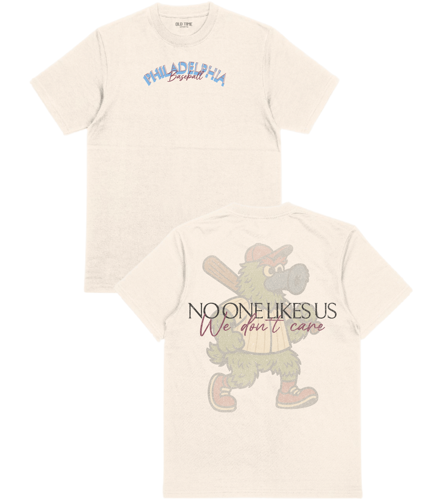 Two cream-colored t-shirts with printed designs on a white background