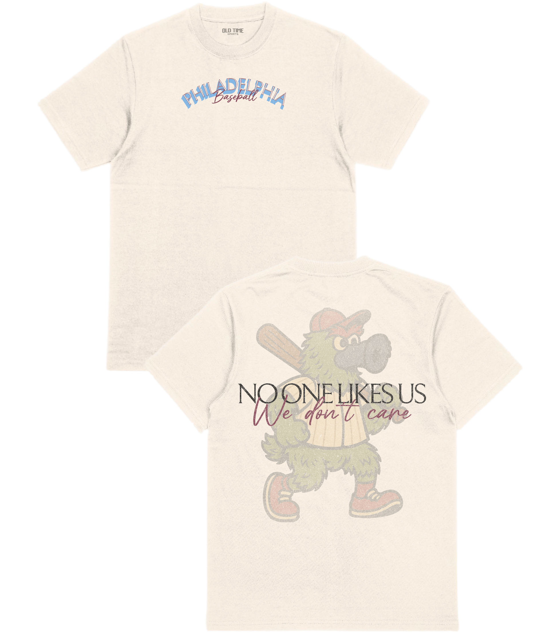 Two cream-colored t-shirts with printed designs on a white background