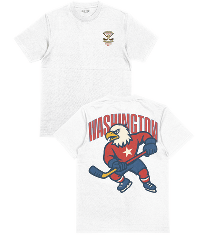 White t-shirt with 'Washington' hockey design on a white background