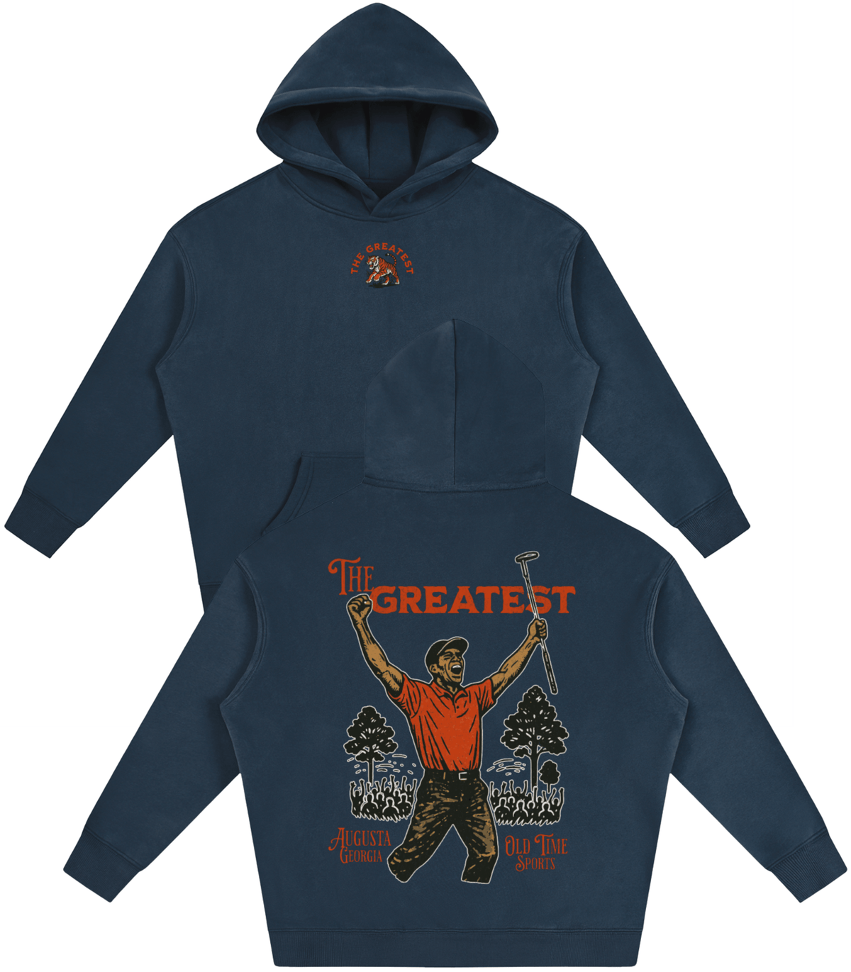 A navy blue hoodie shown from both the front and back. The front features a small circular chest graphic, while the back displays a large graphic of a golfer holding a club, with the text 'The GREATEST' and 'ALGACE COUNTY OLD NO.