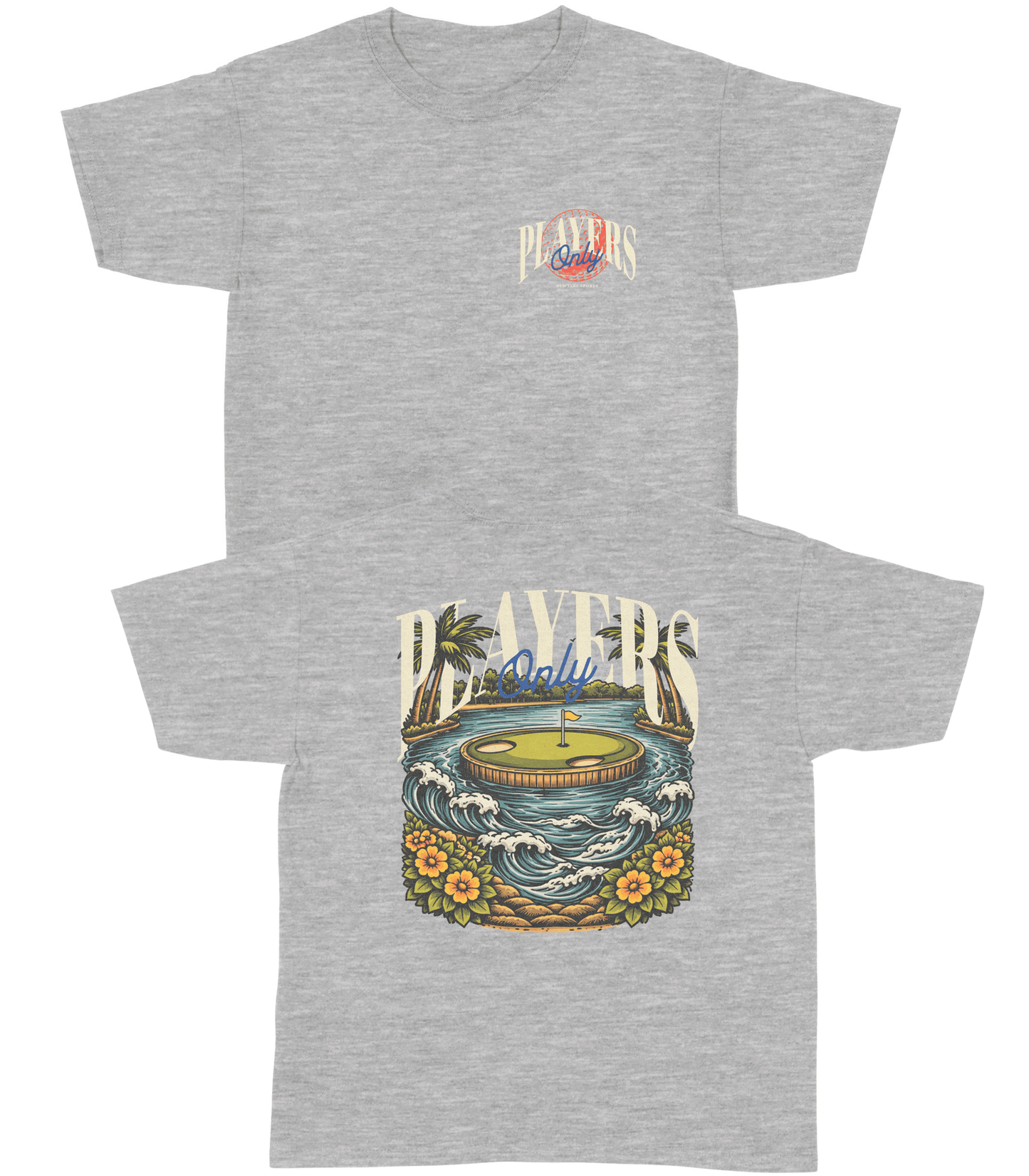 Gray t-shirt with a graphic design of a golf course and palm trees on a white background