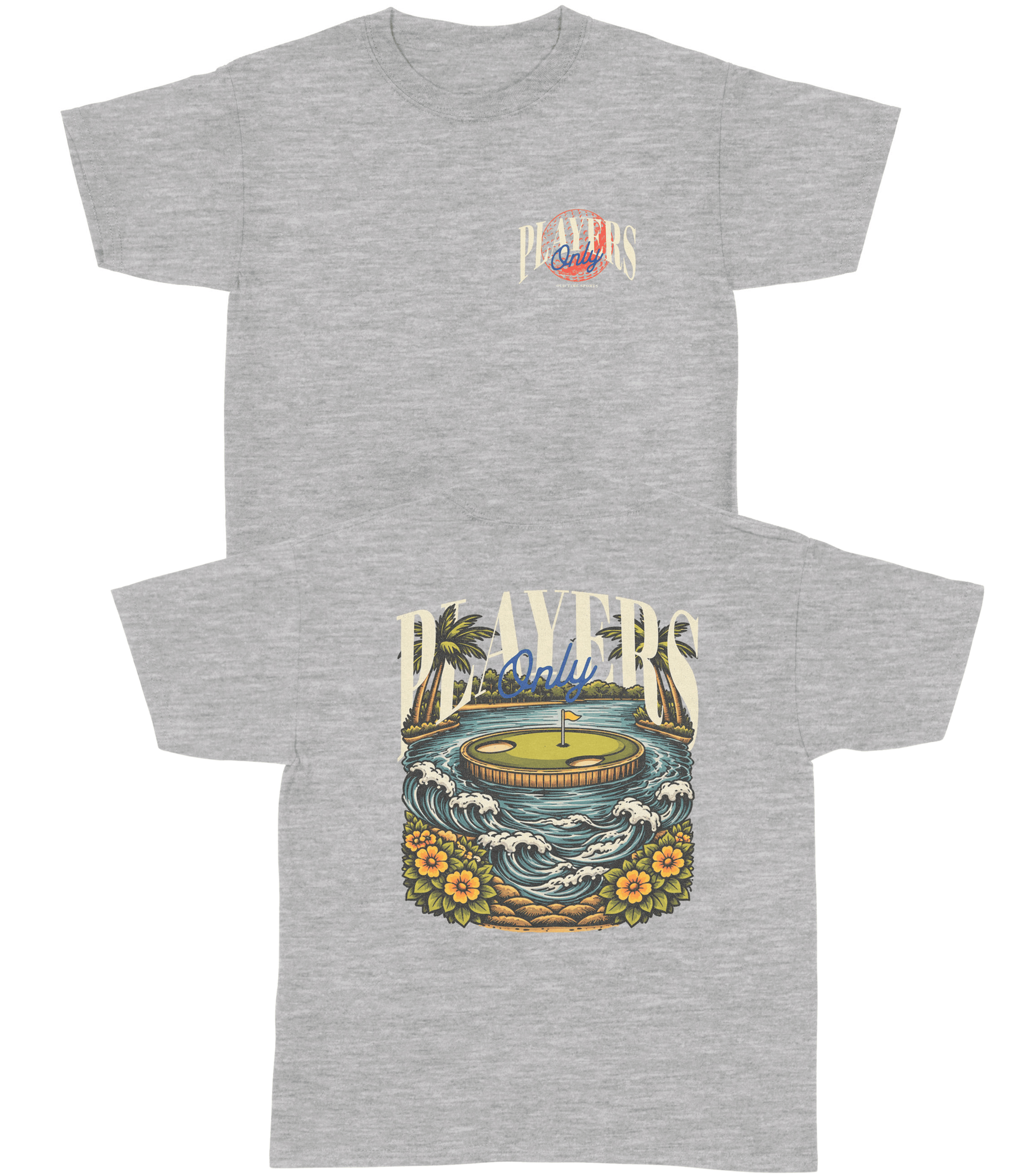 Gray t-shirt with a graphic design of a golf course and palm trees on a white background