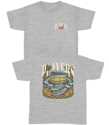 Gray t-shirt with a graphic design of a golf course and palm trees on a white background