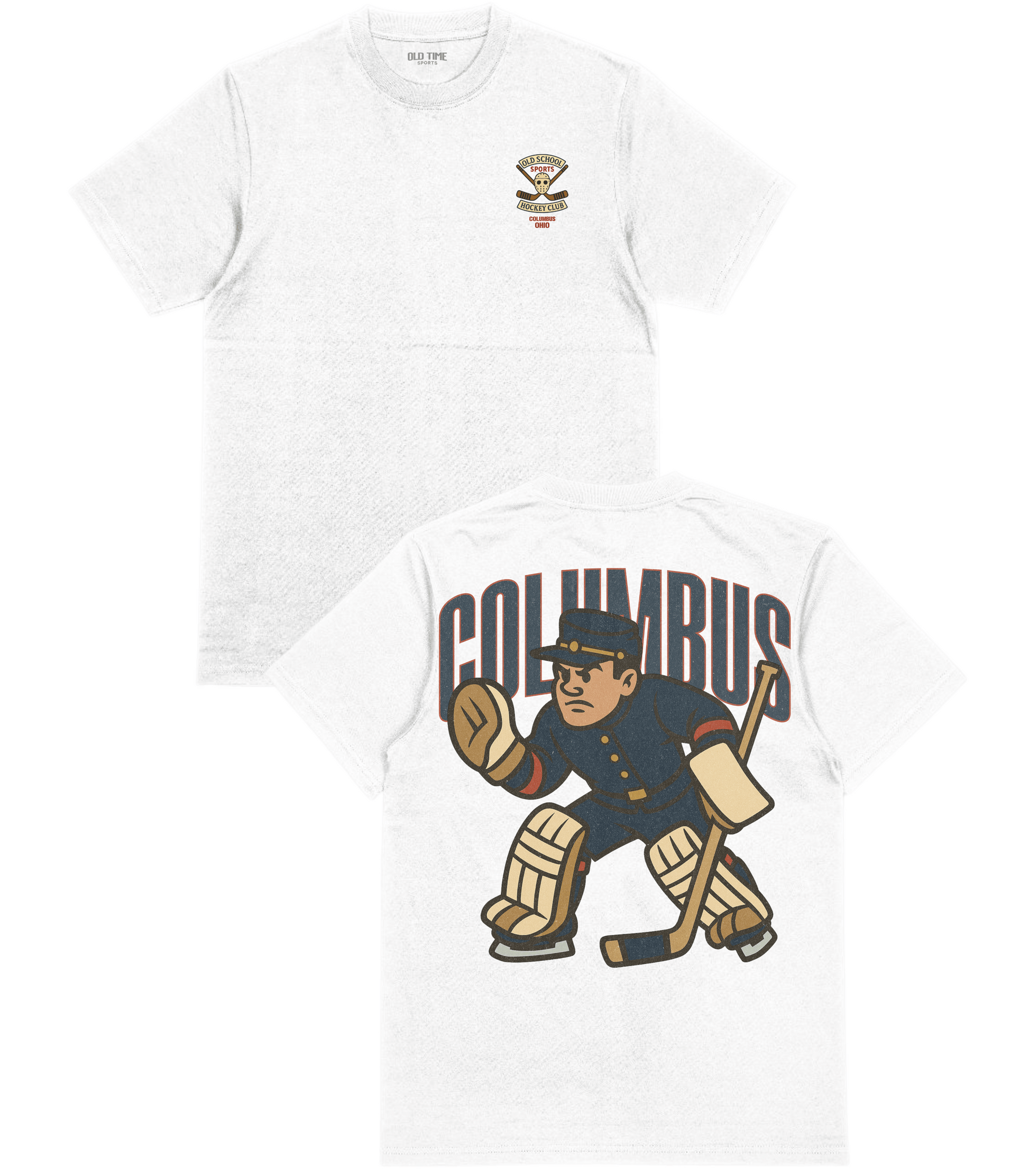 Two white t-shirts with sports-themed graphics on a white background