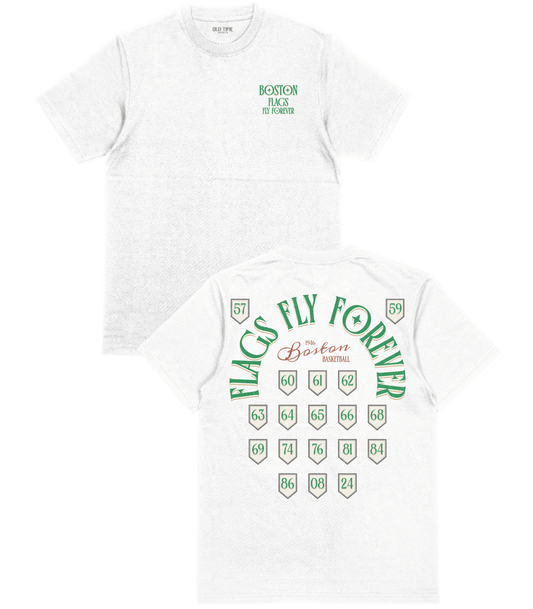 Two white t-shirts with green text and graphics on a white background